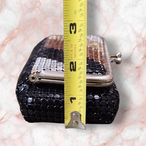Vintage Bags by Marlo Metal Mesh Kisslock Clutch Black Copper Silver Retro - Picture 10 of 10
